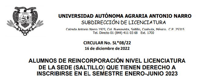 Alumnos de Licenciatura (SEDE) a Reincorporarse en el Semestre Enero – Junio 2023